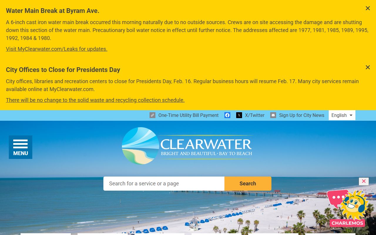 Clearwater city homepage for unclaimed money research