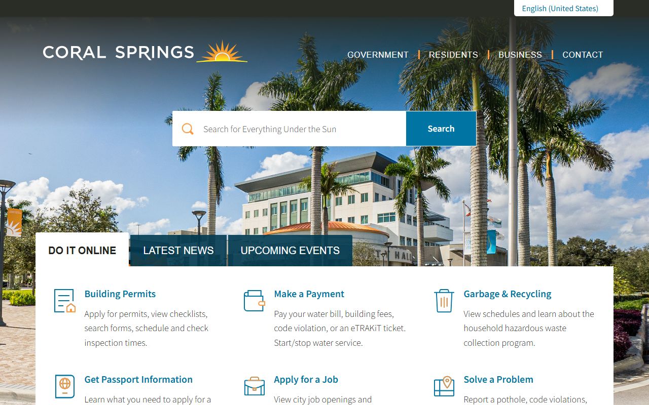 Coral Springs city homepage for unclaimed money searches