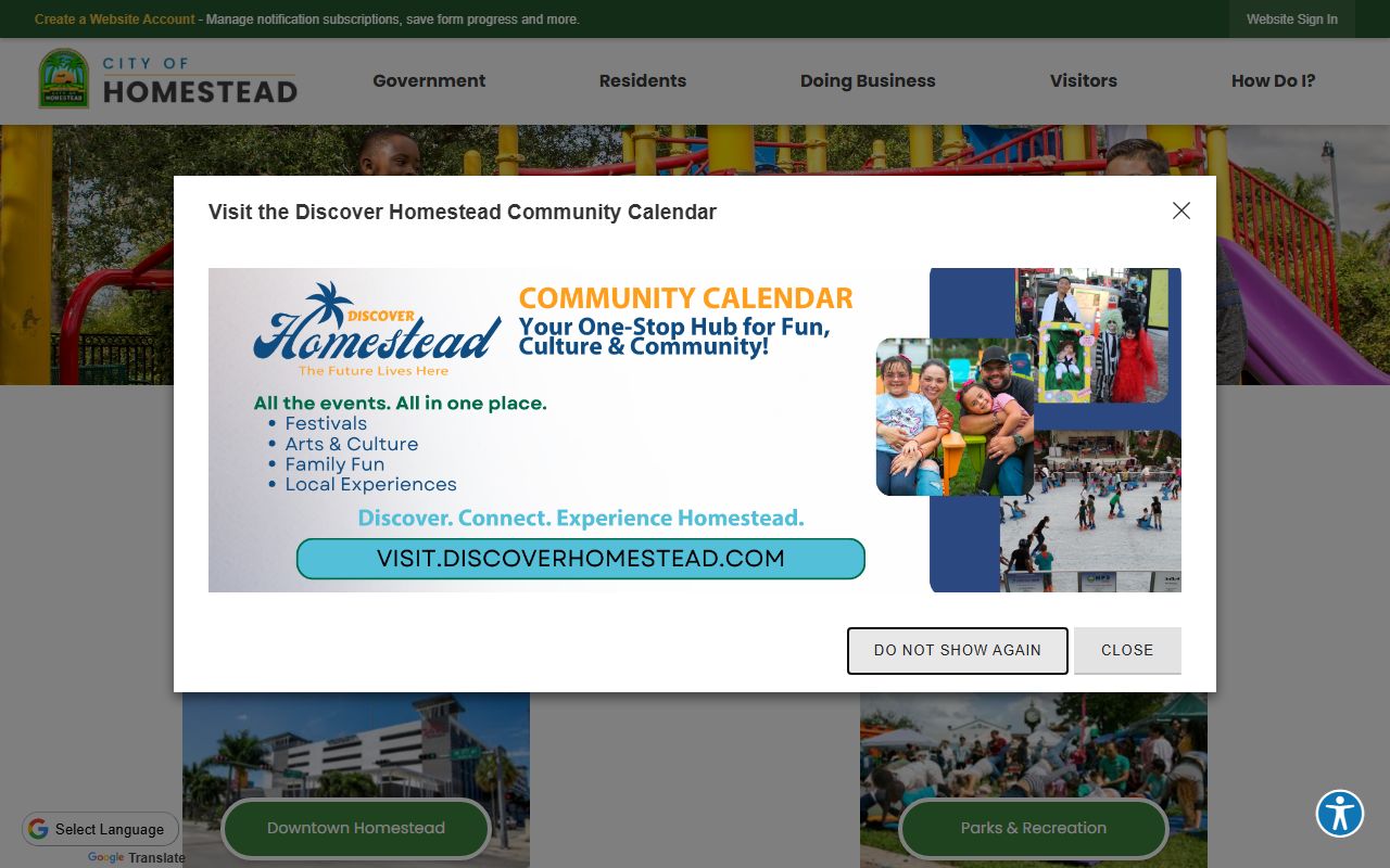 City of Homestead website homepage for Homestead unclaimed money