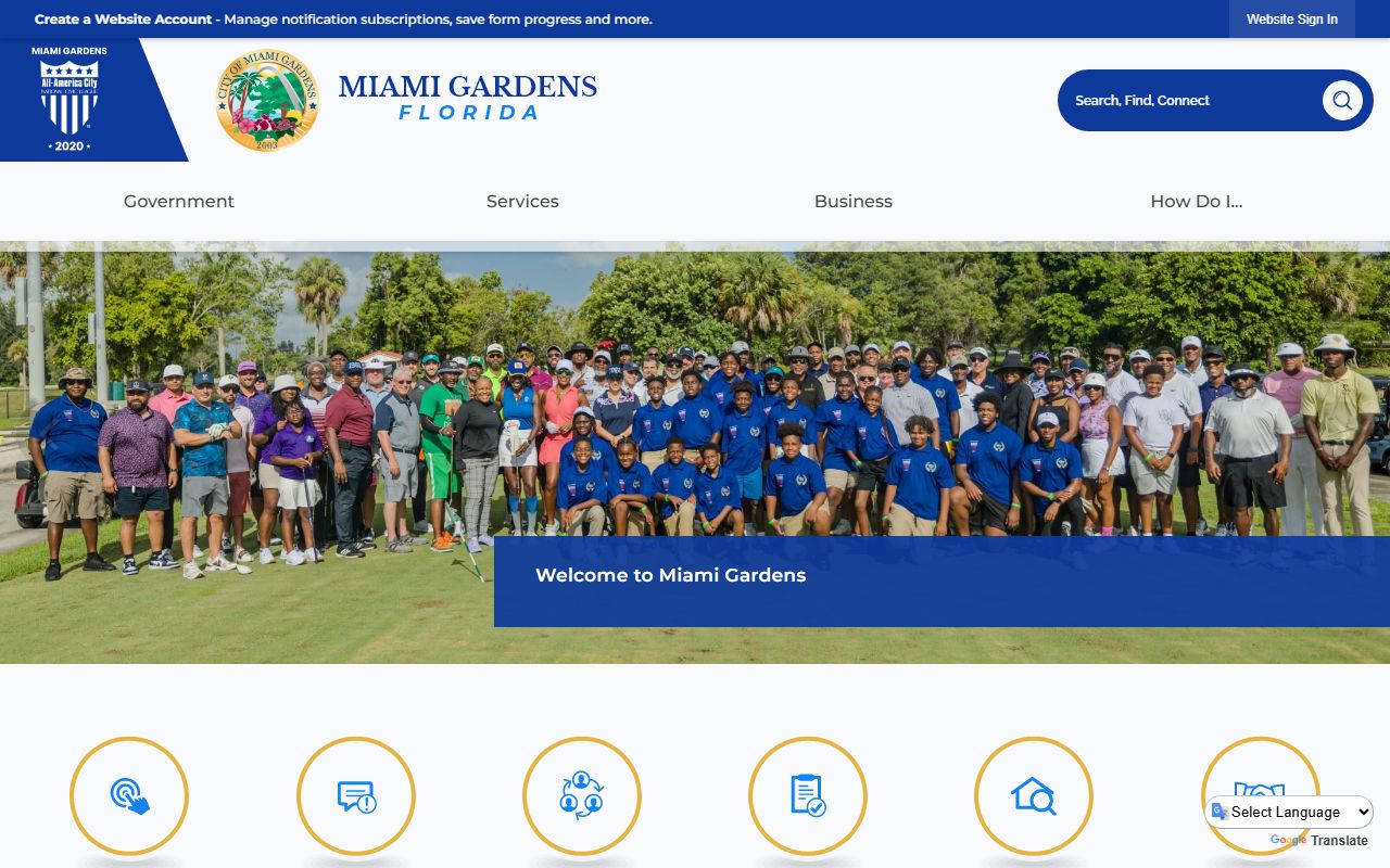 City of Miami Gardens website homepage for Miami Gardens unclaimed money