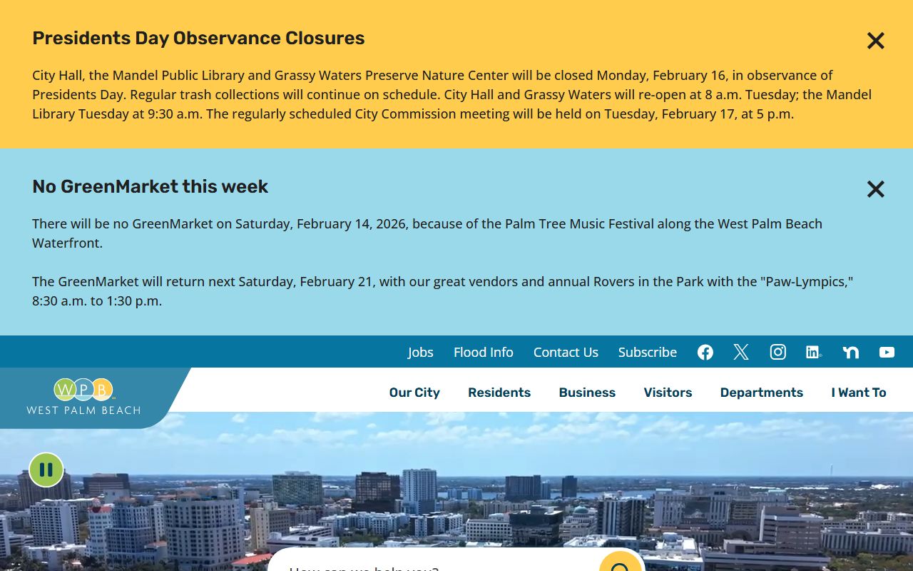 City of West Palm Beach homepage for unclaimed money searches