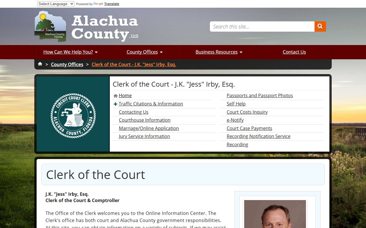 Alachua County Clerk of Courts homepage for unclaimed money searches