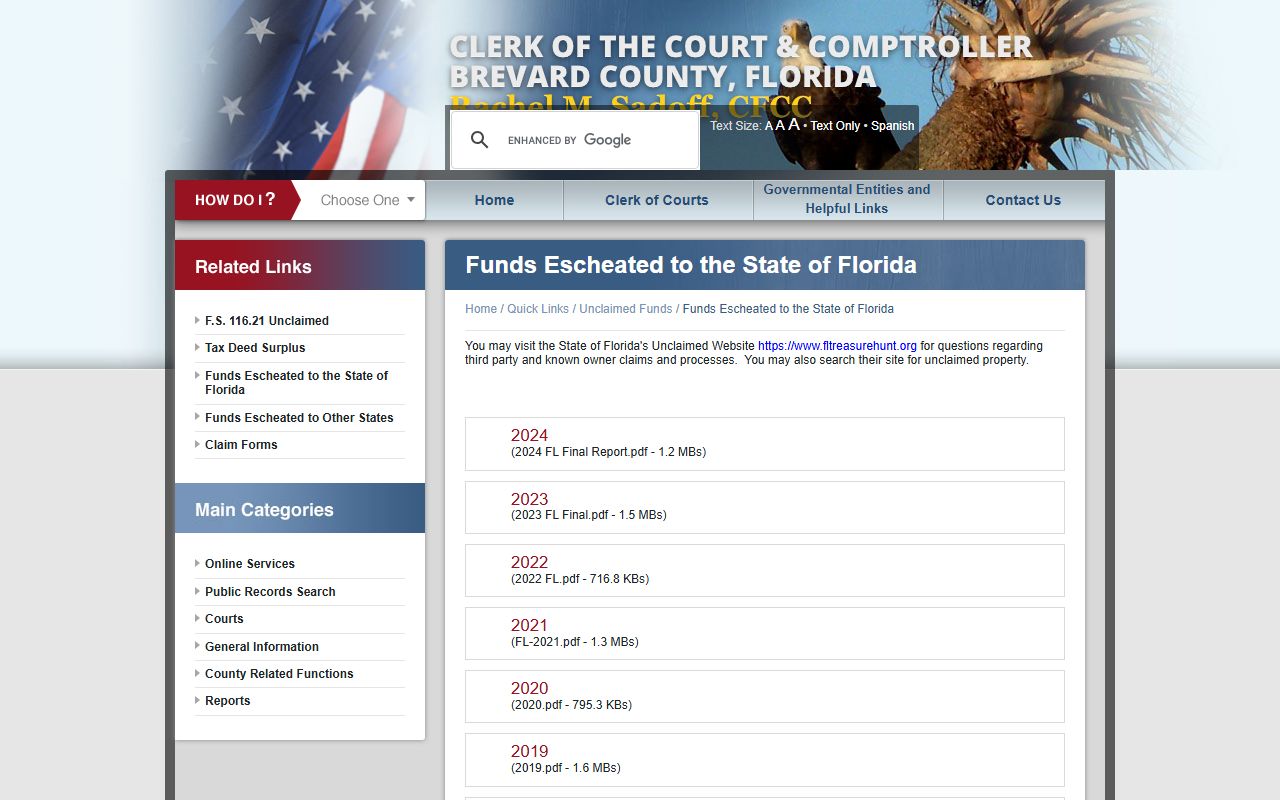 Brevard County funds escheated to the state of Florida unclaimed money