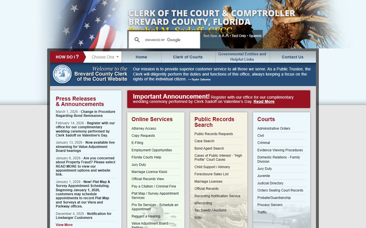 Brevard County Clerk of Courts homepage for unclaimed money and court services
