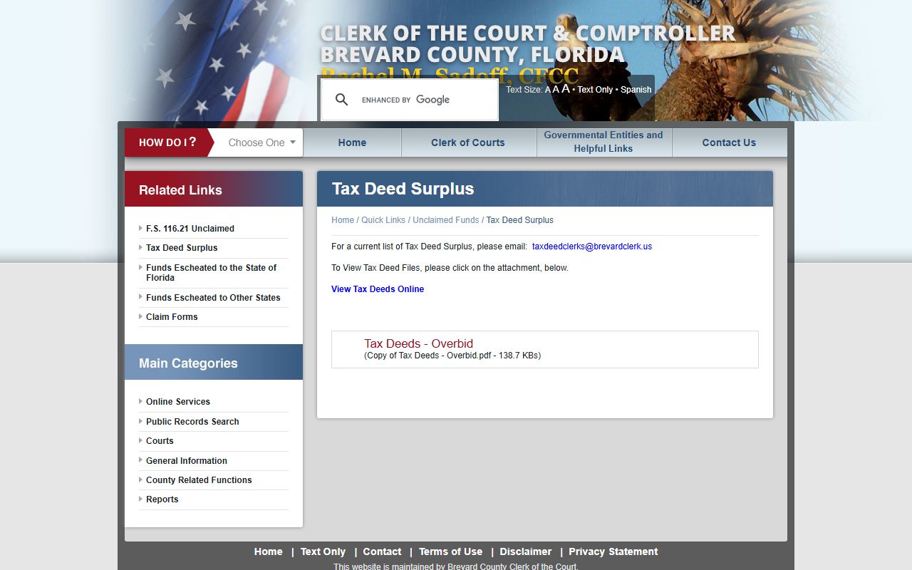 Brevard County tax deed surplus unclaimed money listings