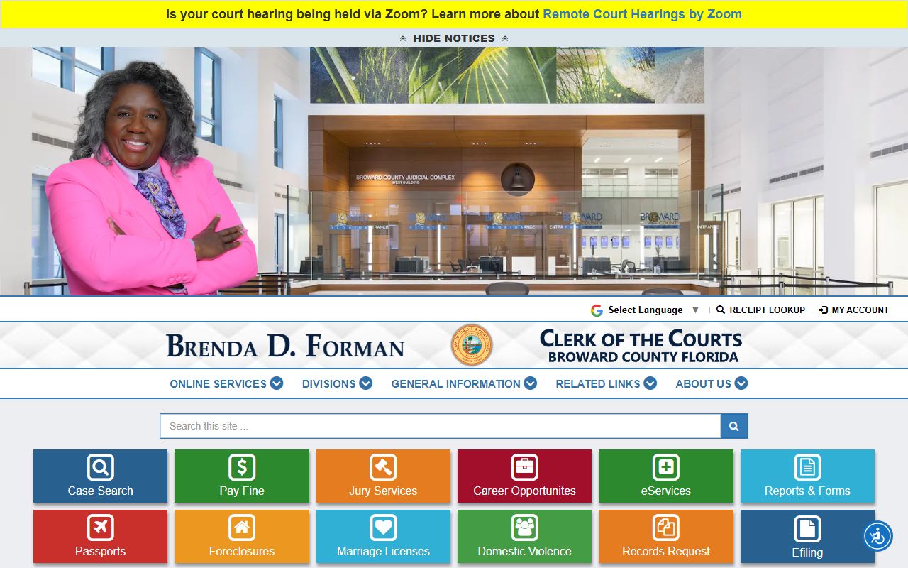 Broward County Clerk of Courts homepage for unclaimed money searches