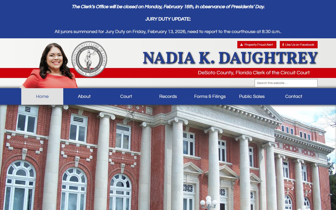 DeSoto County Clerk of Courts homepage for unclaimed money searches in Arcadia