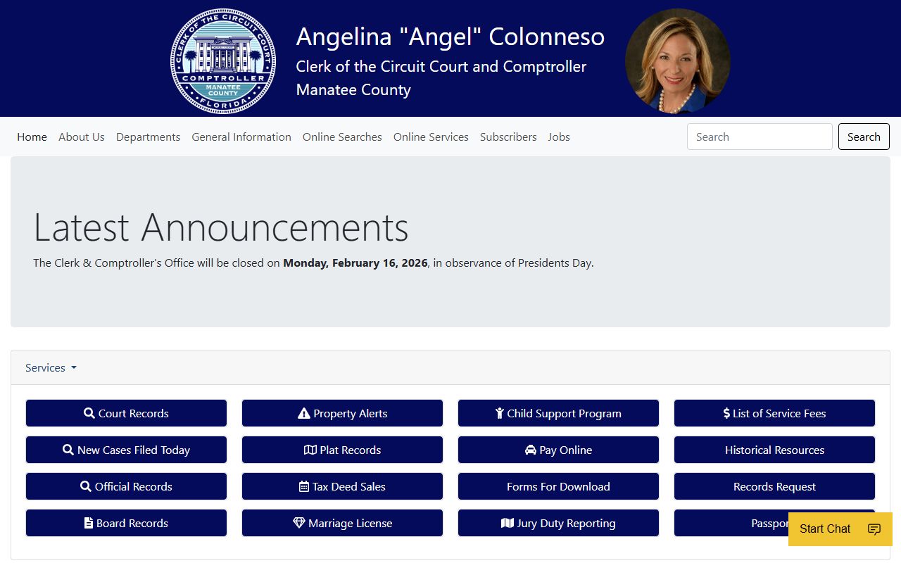 Manatee County Clerk of Courts homepage for unclaimed money search