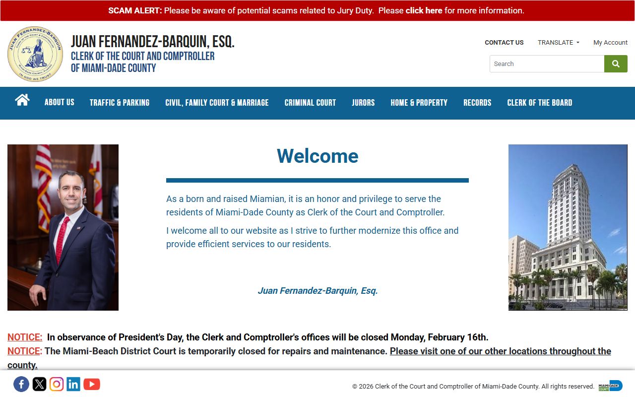 Miami-Dade County Clerk of Courts homepage for unclaimed money and court services