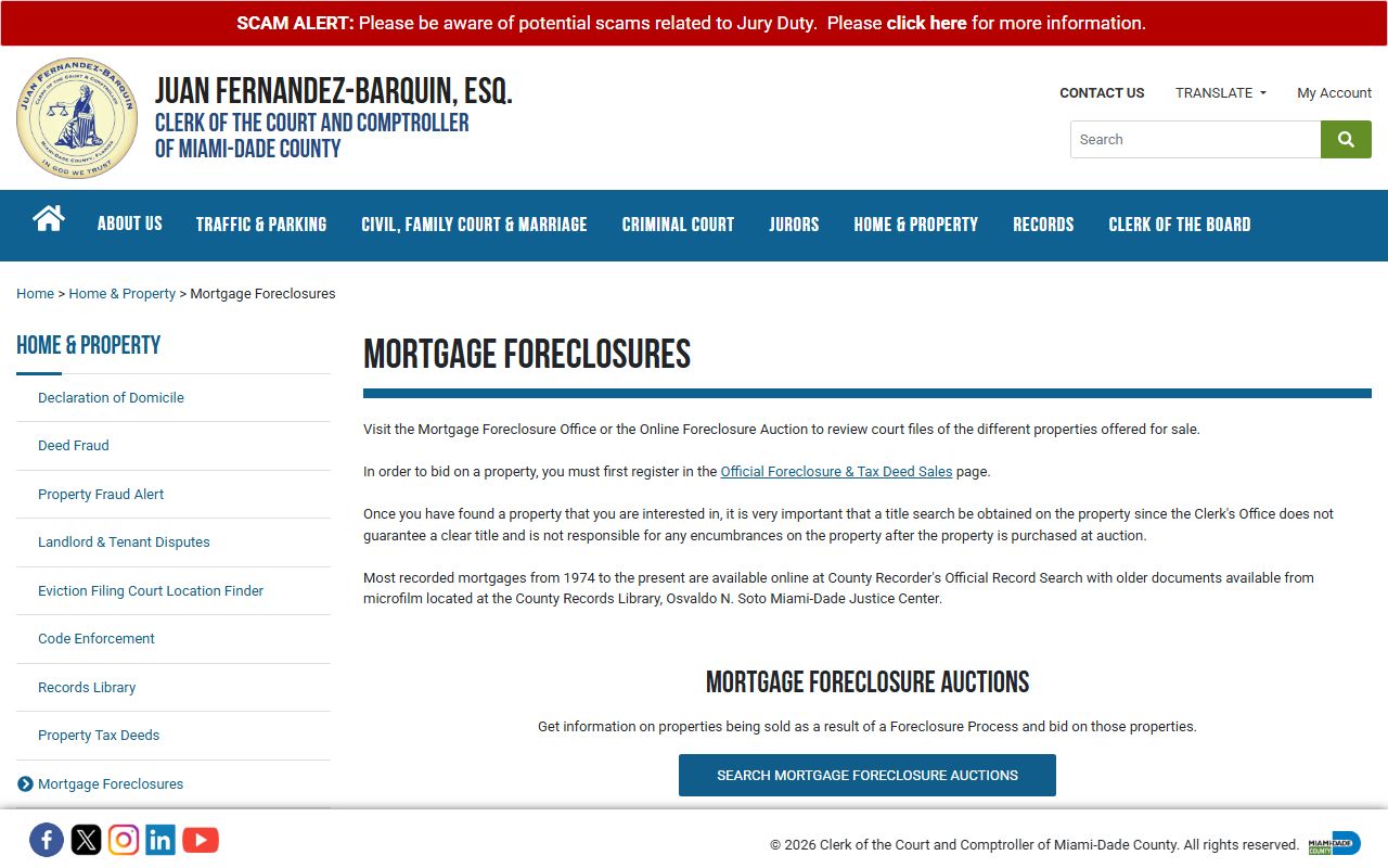 Miami-Dade County mortgage foreclosure surplus funds information page