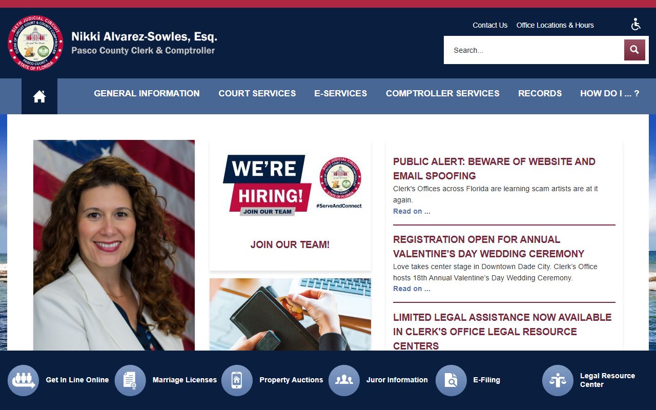 Pasco County Clerk of Courts homepage for unclaimed money searches in Dade City