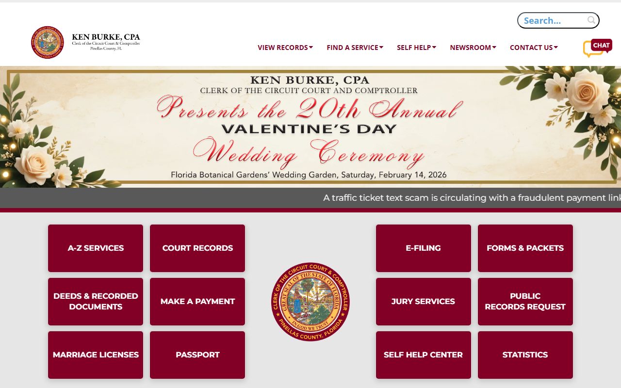 Pinellas County Clerk of Courts homepage for unclaimed money searches