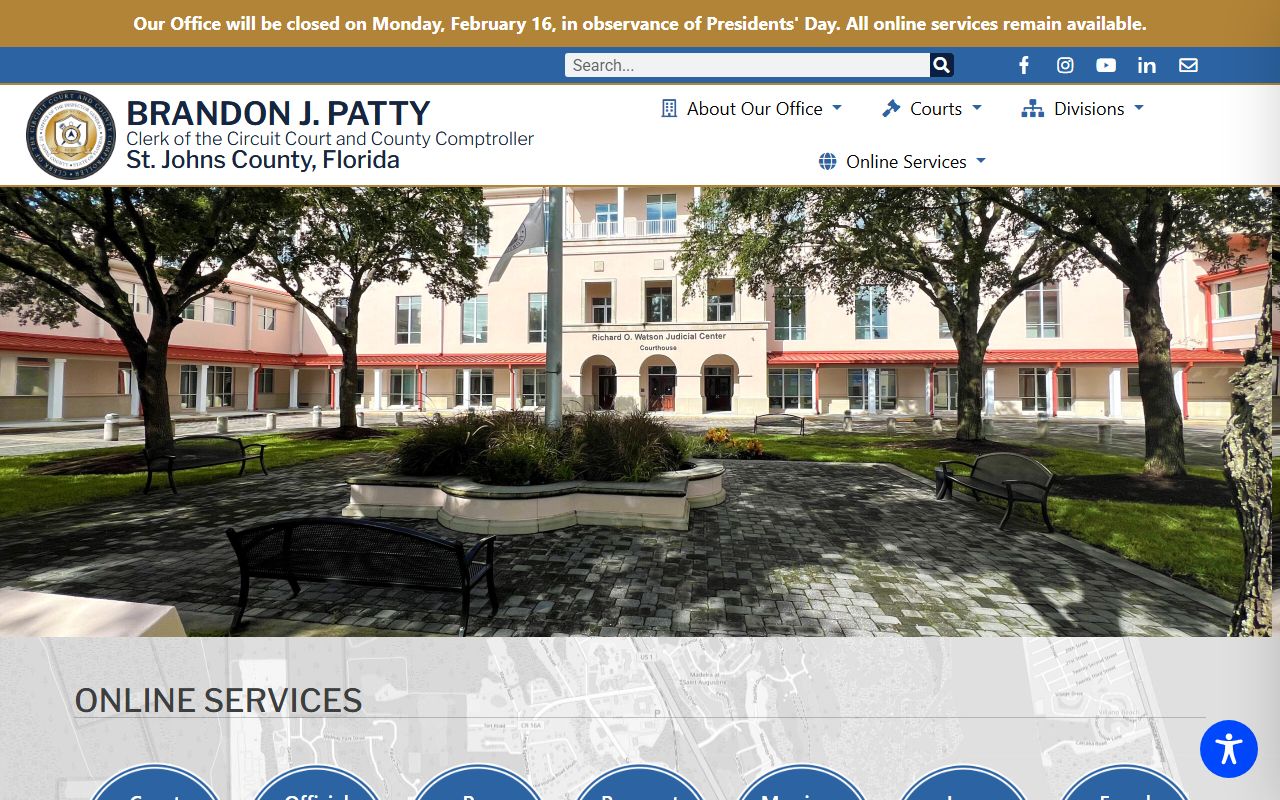 St. Johns County Clerk of Courts homepage for unclaimed money in St. Augustine