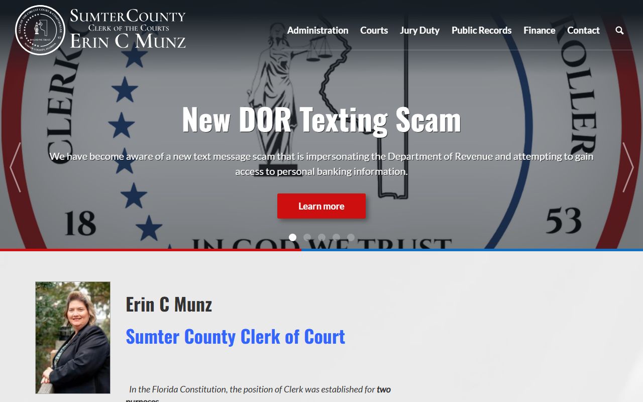 Sumter County Clerk of Courts homepage for unclaimed money in Bushnell