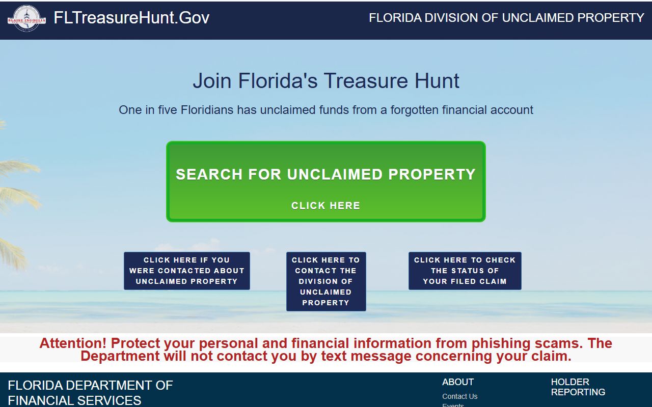 Florida unclaimed money search homepage at fltreasurehunt.gov